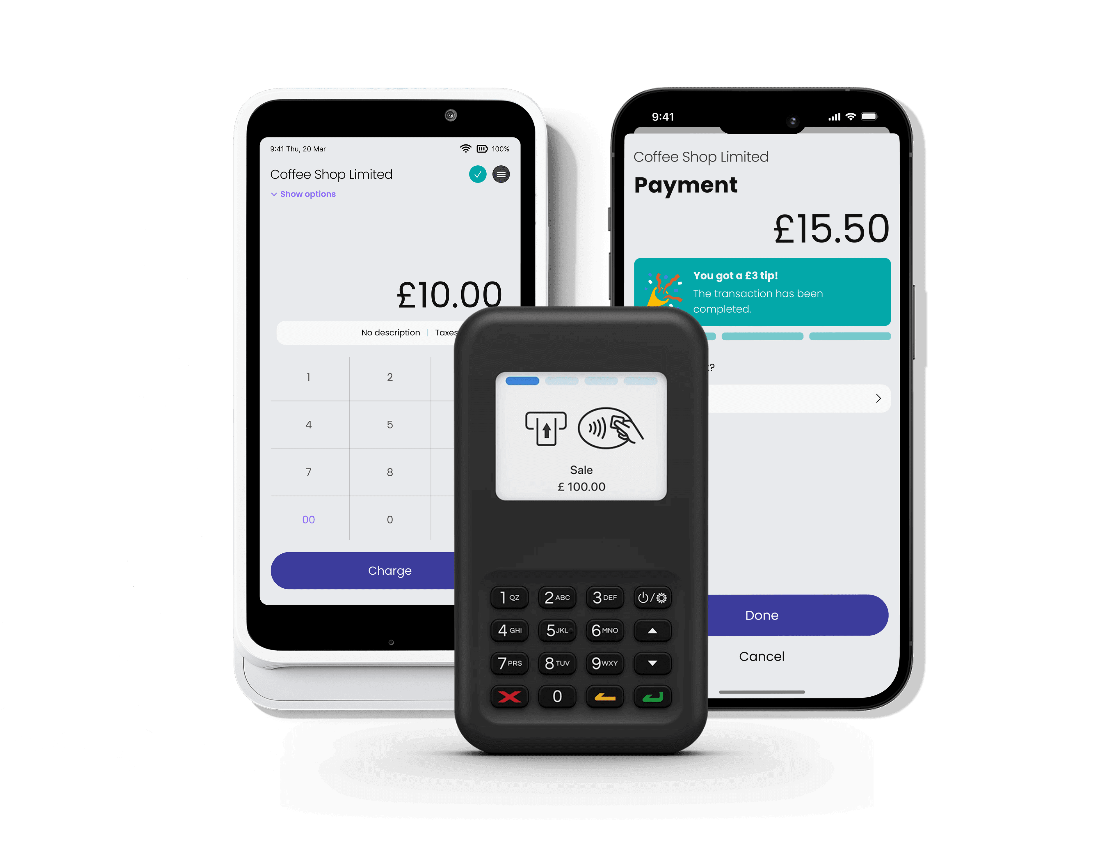 UK payment devices showing tablet, smartphone and card terminal processing payments