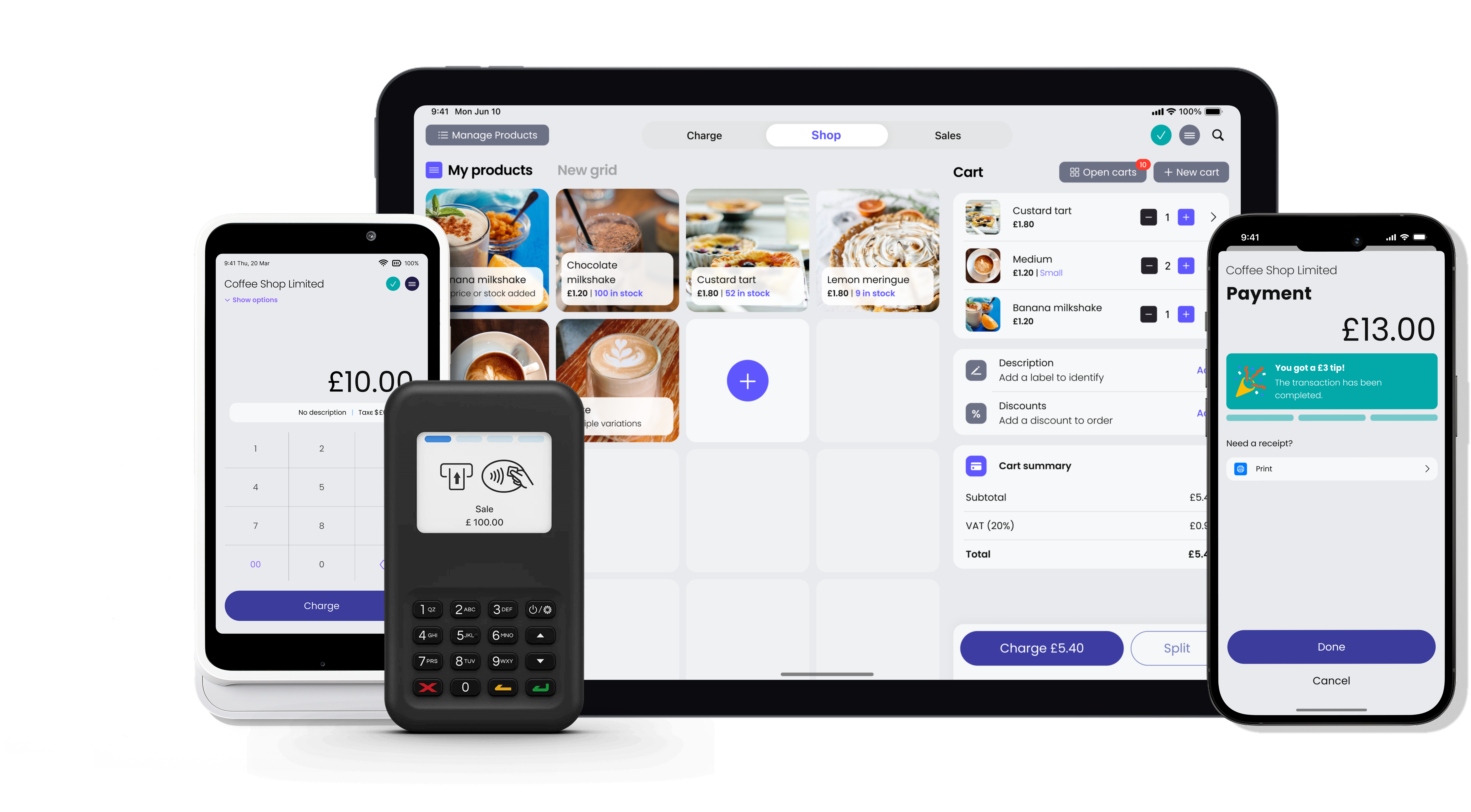 UK payment devices showing tablet, smartphone and card terminal processing payments