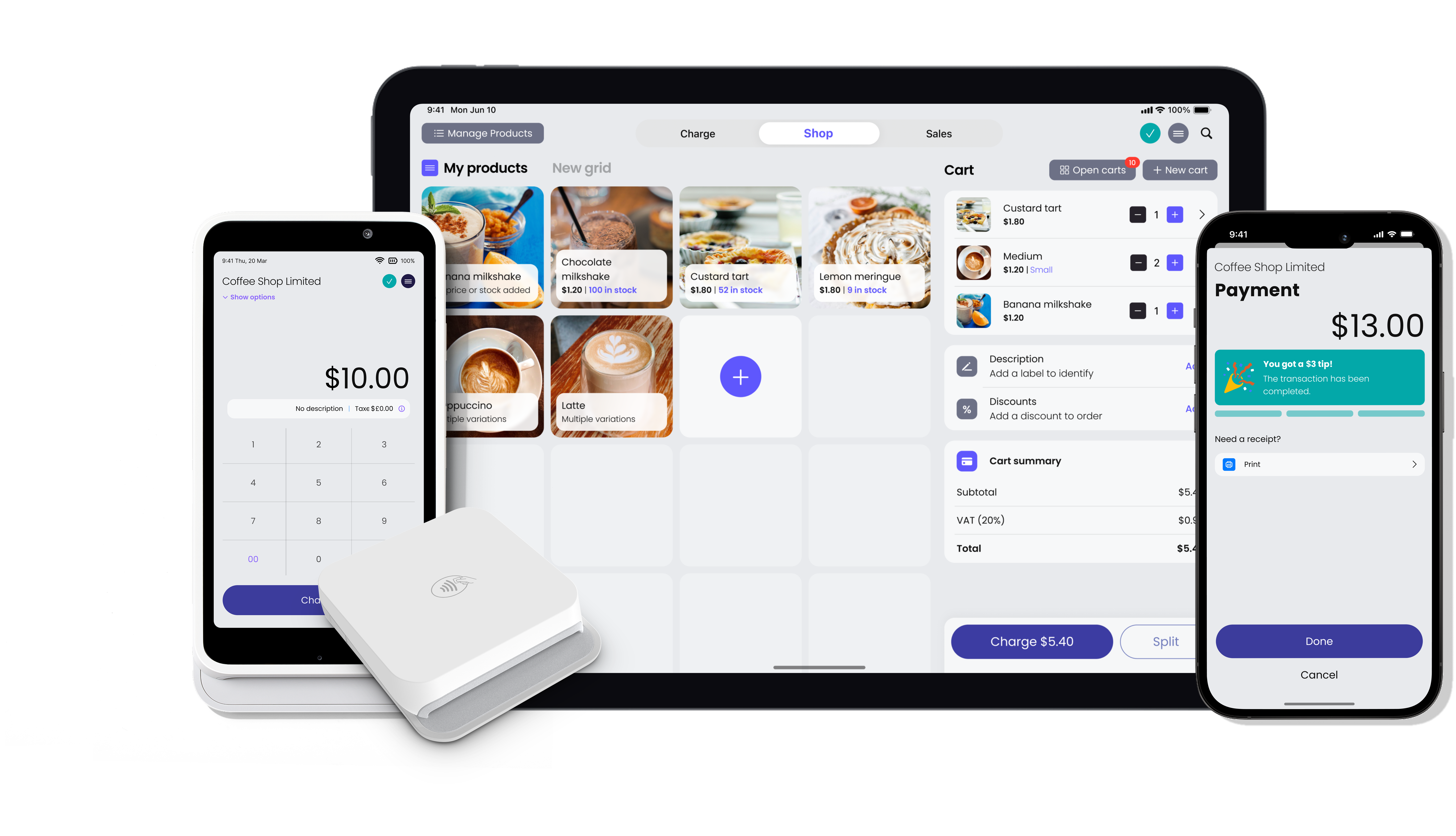 US payment devices showing tablet, smartphone and card terminal processing payments